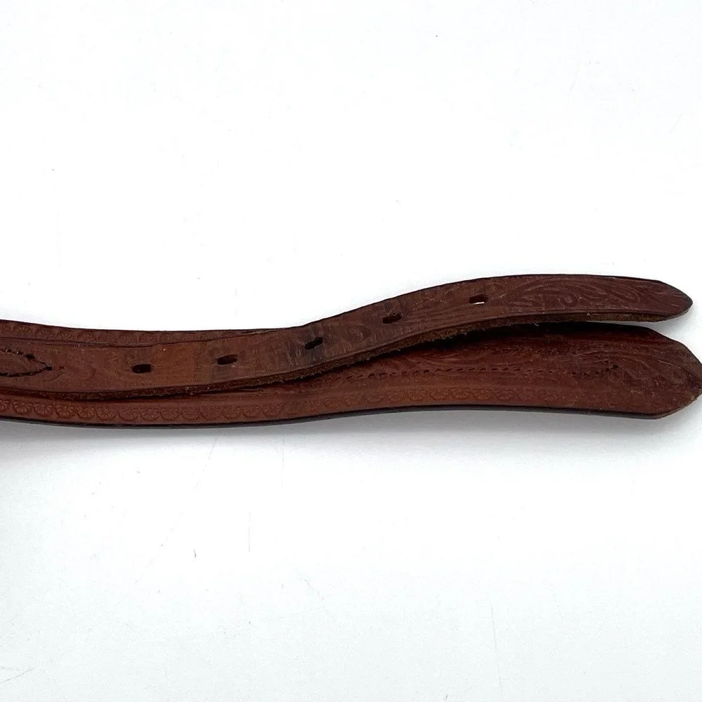 Vintage Handmade Women's Brown Tooled Leather Western Bird Floral Belt Sz 32-35